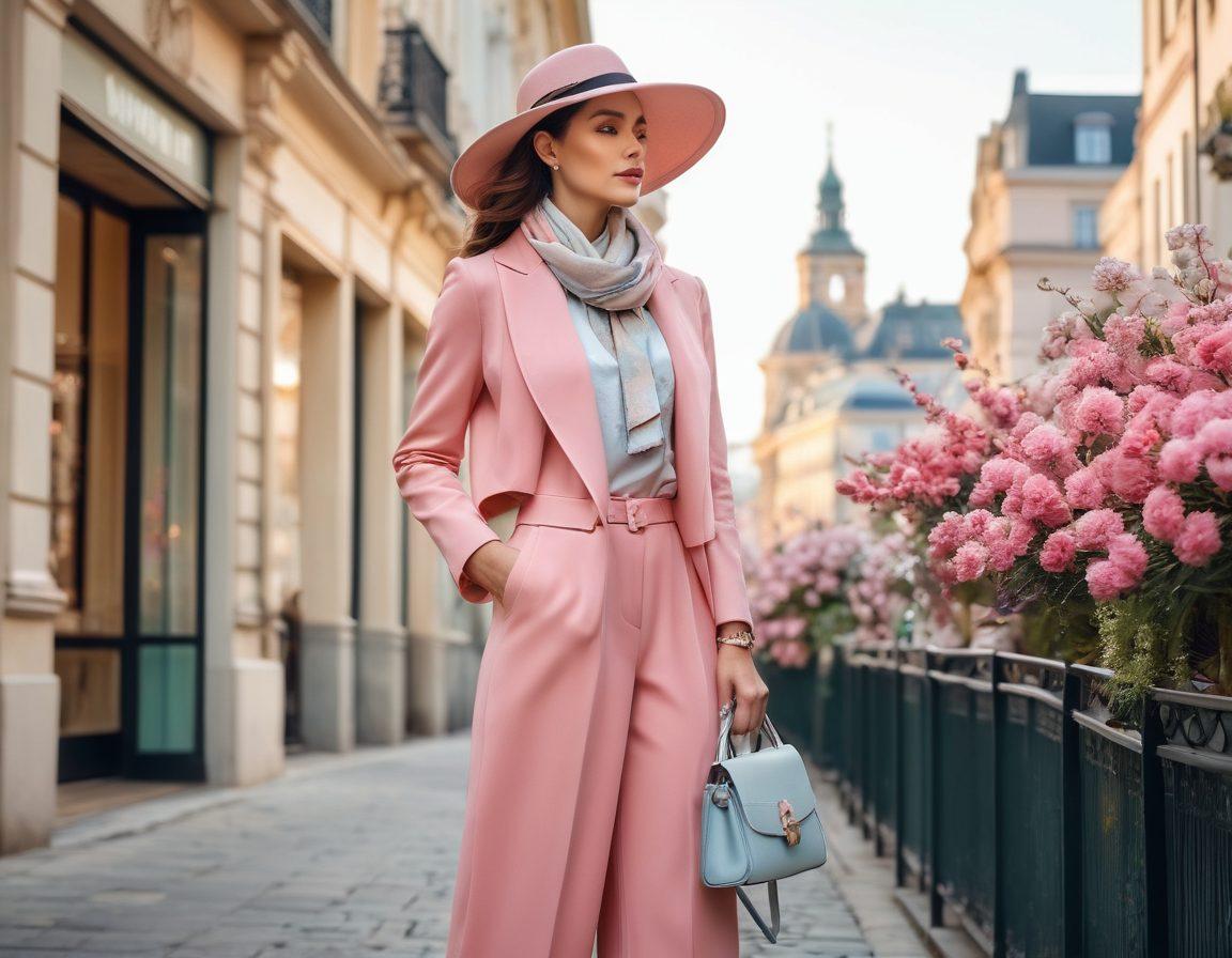 An elegant woman in a chic outfit, standing confidently in a stylish cityscape, surrounded by trendy fashion accessories such as hats, scarves and designer handbags. Soft pastel colors are used to evoke a sense of class and sophistication. Incorporate subtle hints of luxury, like a sparkling skyline or high-end fashion boutiques in the background. Include a touch of nature with blooming flowers, symbolizing growth in style. vibrant colors. super-realistic.