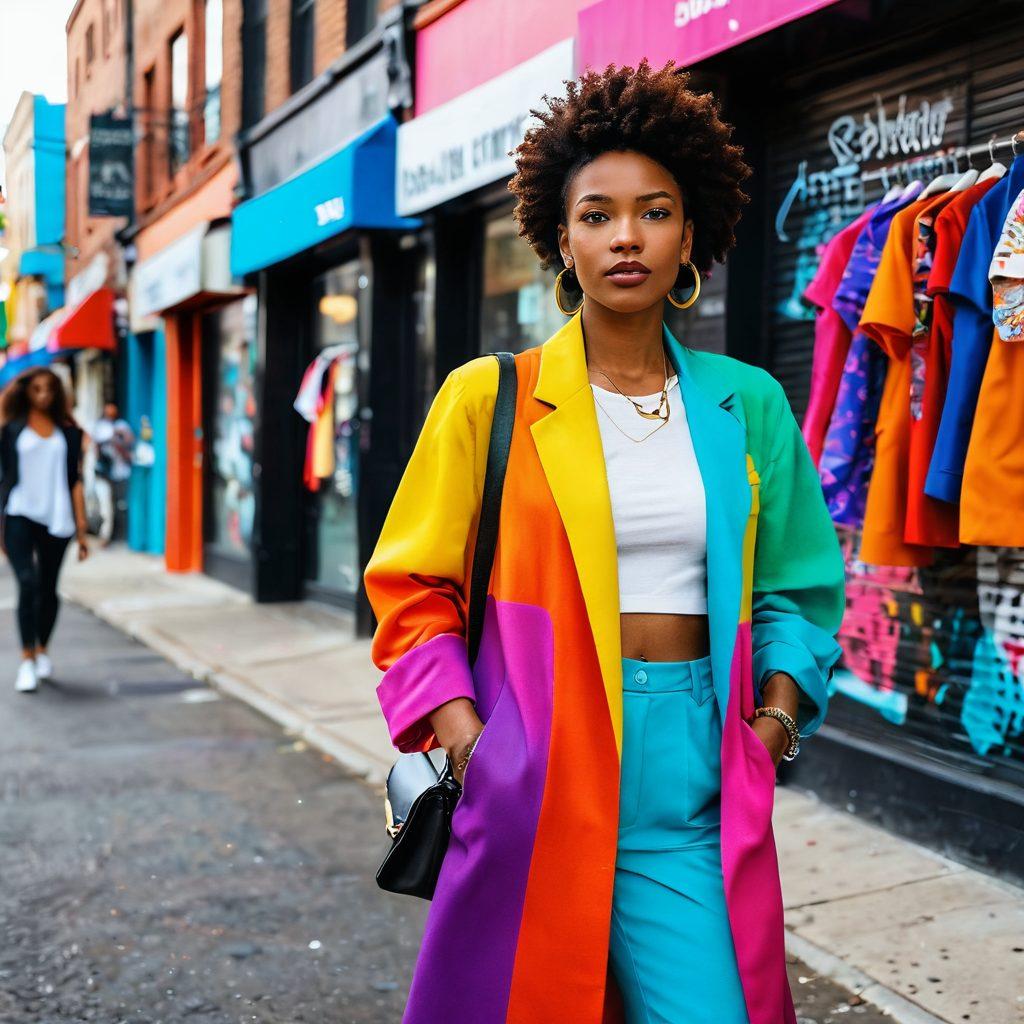 A stylish individual undergoing a fashion transformation in a modern urban setting, showcasing a vibrant wardrobe change with before-and-after outfits. The background features a lively street filled with stylish boutiques and colorful street art, symbolizing confidence and creativity. Include empowering quotes about style and self-confidence woven subtly into the scene. super-realistic. vibrant colors. urban aesthetic.